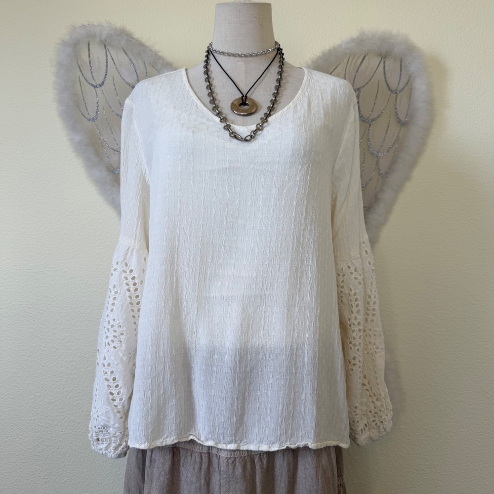 Boho Cottagecore Cream Gauze Puff Sleeve Peasant‎ Blouse Top Flowy Feminine Mori